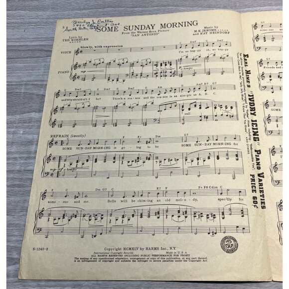 Some Sunday Morning Vintage Piano Sheet Music San Antonio Movie Errol Flynn 40s - Picture 2 of 6